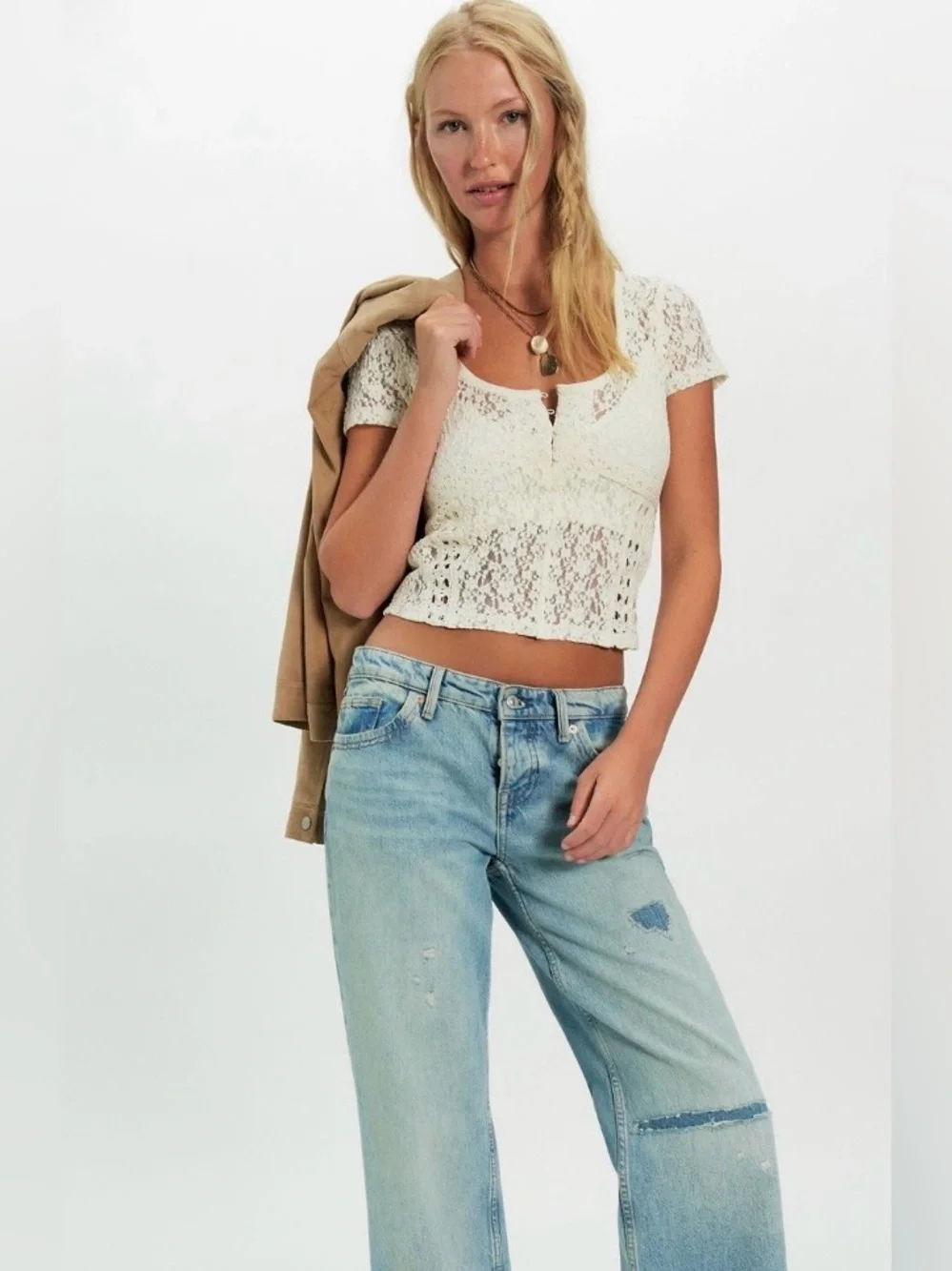 NWT FREE PEOPLE CLARO LACE TEE WHISPER WHITE